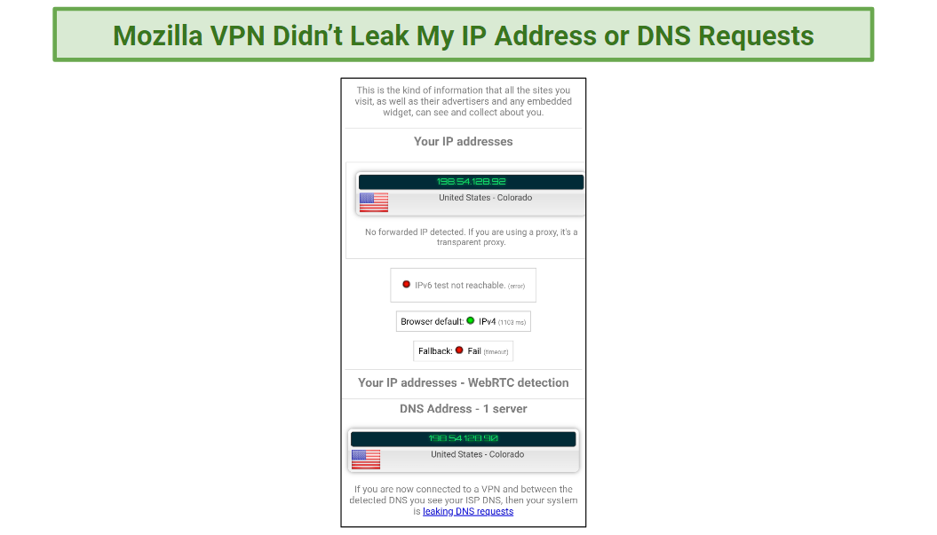 A screenshot of a DNS/IP leak test performed on Mozilla VPN.