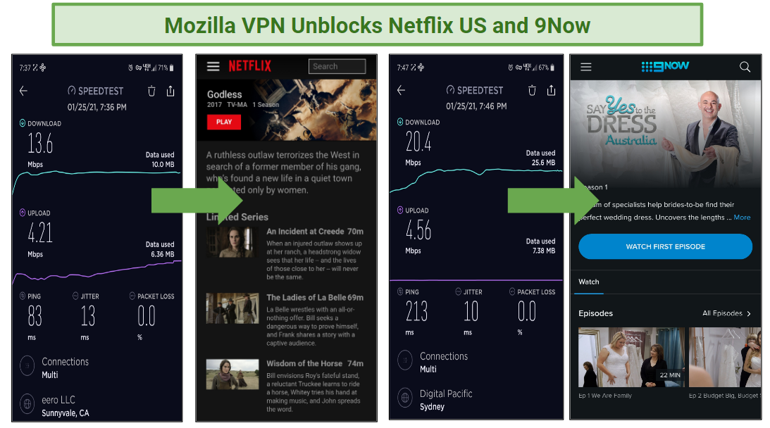 A screenshot of two of the streaming services Mozilla VPN unblocks, as well as the speeds for those servers.