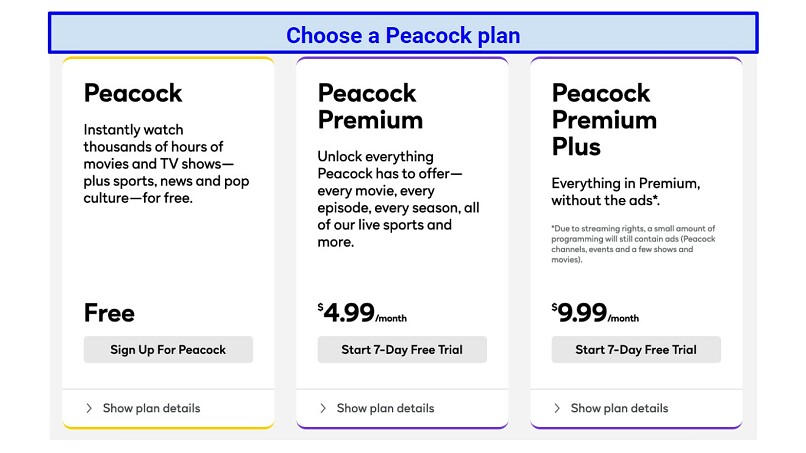 Screenshot showing Peacock TV's Peacock, Peacock Premium, and Peacock Premium Plus plans