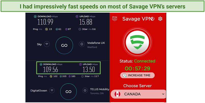 Screenshot of Ookla speed test results with Savage VPN connected and with my base connection