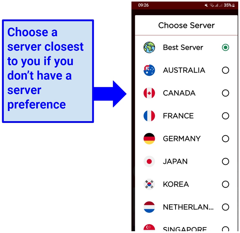 A screenshot showing Savage VPNs list of servers