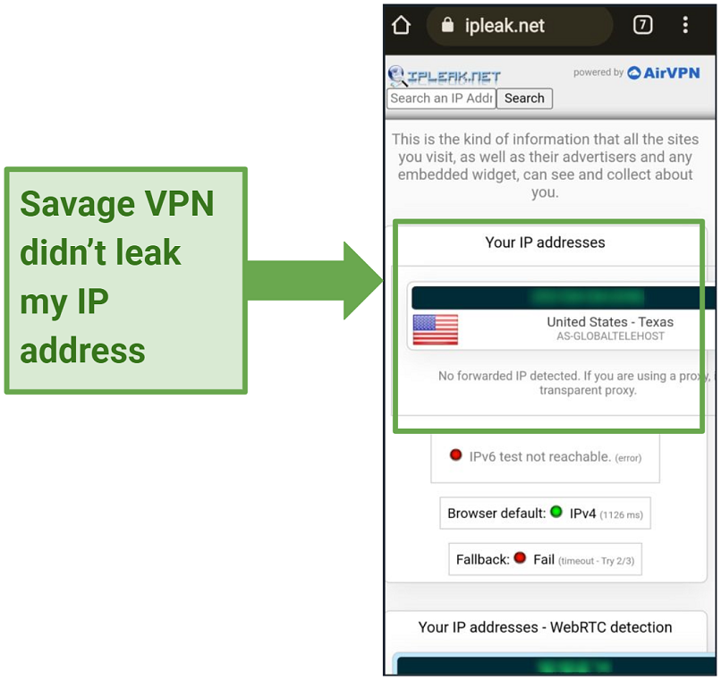 A screenshot showing Savage VPN hiding my IP address and location