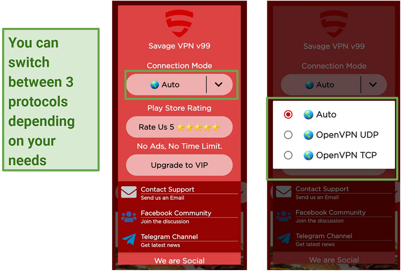 A screenshot showing how to switch between different Savage VPN connection modes.