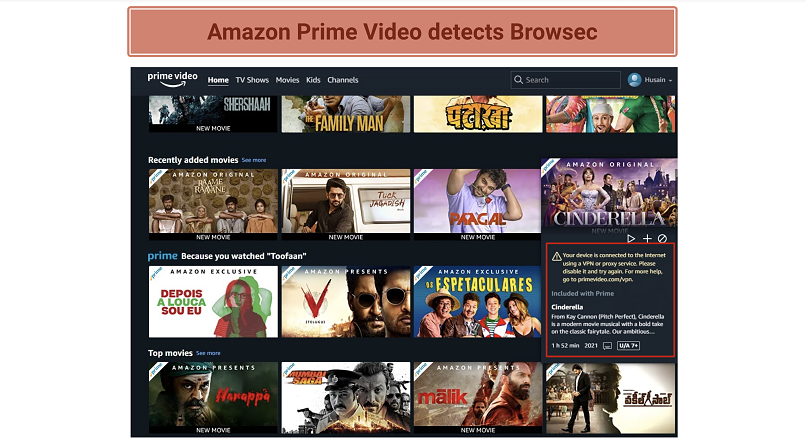 Captura de pantalla de Amazon Prime Video que bloquea la VPN