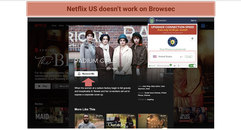 Screenshot of Netflix US not working on Browsec