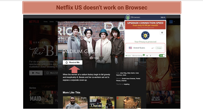 Capture d'écran de Netflix Us ne travaillant pas sur Browsc