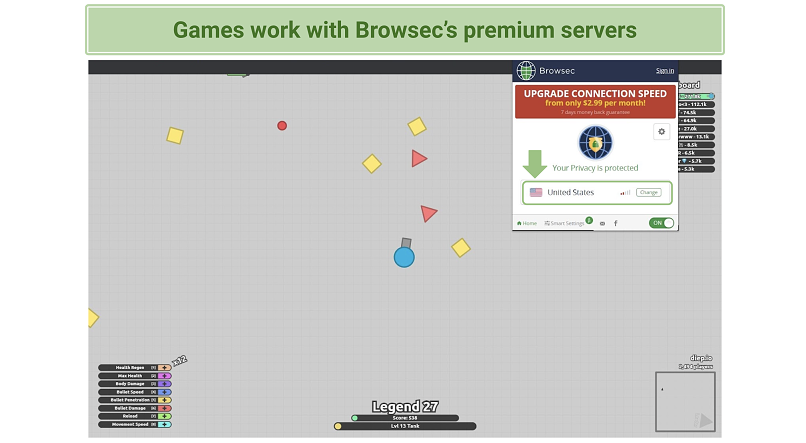 Screenshot of Browsec while gaming