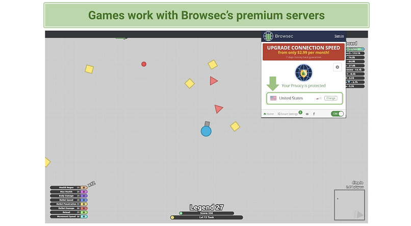 Στιγμιότυπο οθόνης του Browsec ενώ παιχνίδια