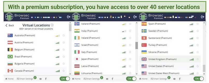 Screenshot of Browsec with it's 40+ premium server locations