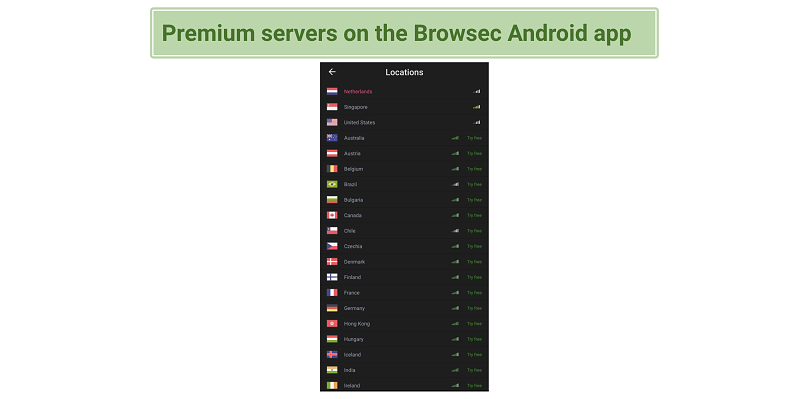 Screenshot of Browsec servers on the Android app