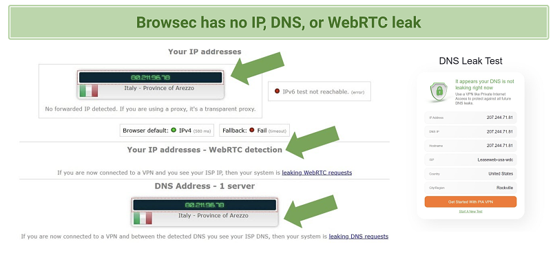 Στιγμιότυπο οθόνης της δοκιμής διαρροής Browsec