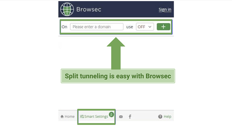 Screenshot of Browsec Split Tunneling Feature
