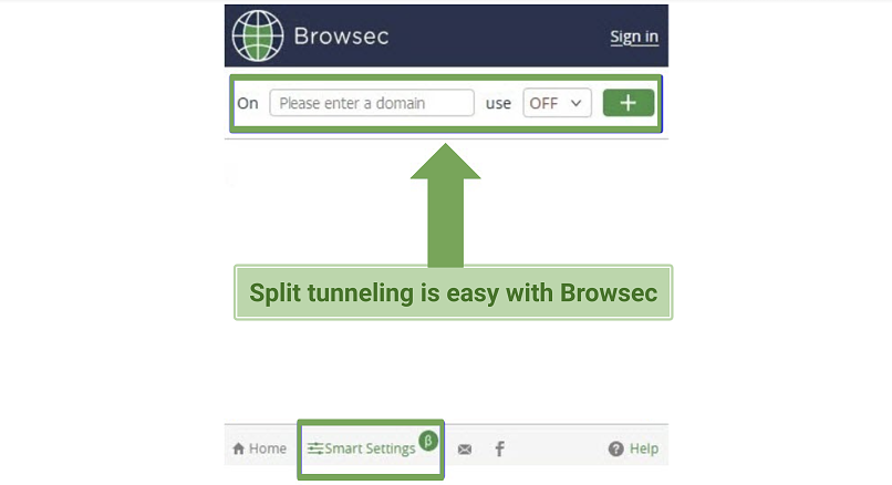 Capture d'écran de la fonctionnalité de tunneling Split Browsec