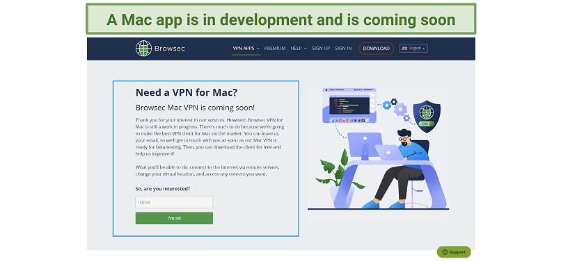 Screenshot of Browsec Mac app in development