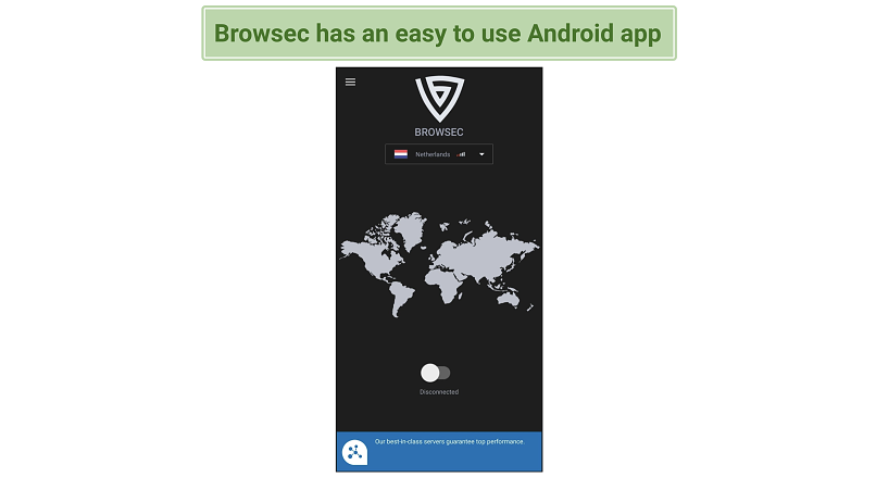 creenshot of Browsec's easy to use interface on the Android app