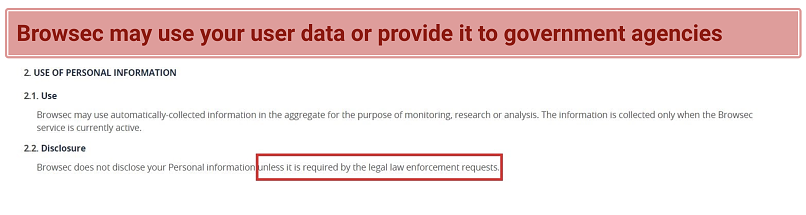 Screenshot of Browsec data gathering and usage policy