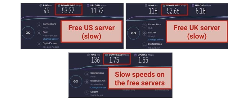 Capture d'écran du test de vitesse sur les serveurs gratuits Browsec