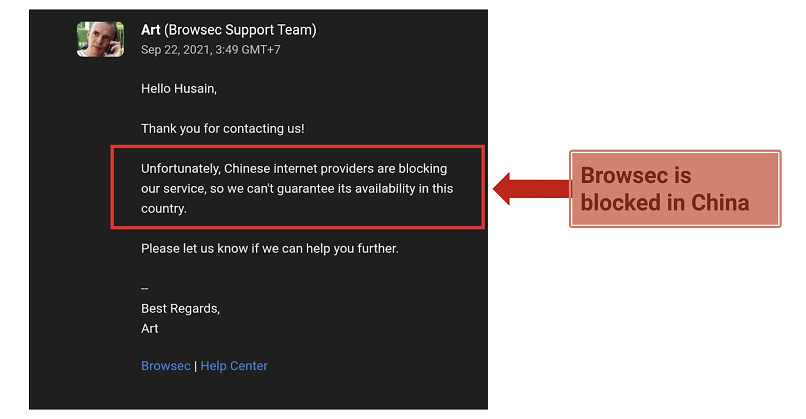 Response of Browsec's customer support team