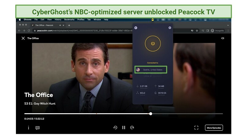 A screenshot of The Office playing on Peacock TV while connected to one of CyberGhost's US servers