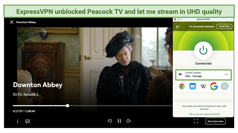 An image showing the Downton Abbey on Peacock TV while connected to one of ExpressVPN's US servers