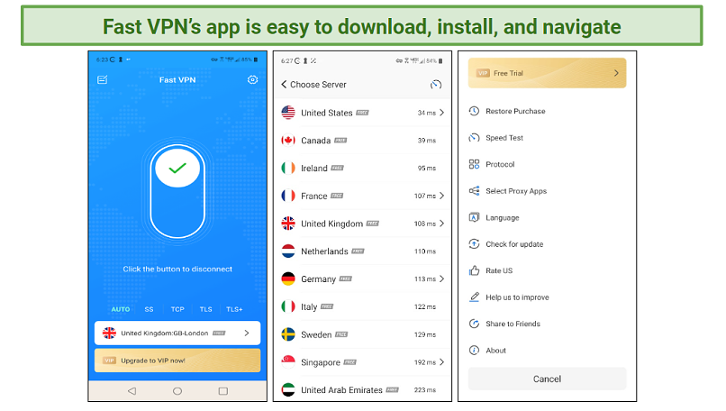 A screenshot of the Fast VPN Android interface.