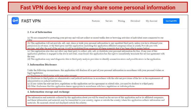 A screenshot of Fast VPN's Privacy Policy.