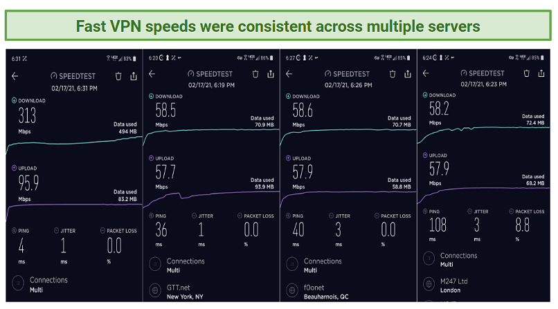 Several screenshots that depict the comparison between basespeed and speeds while connected to Fast VPN servers.