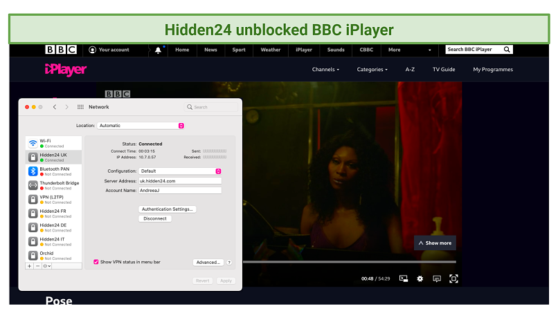 screenshot of BBC iPlayer streaming Pose unblocked by Hidden24VPN