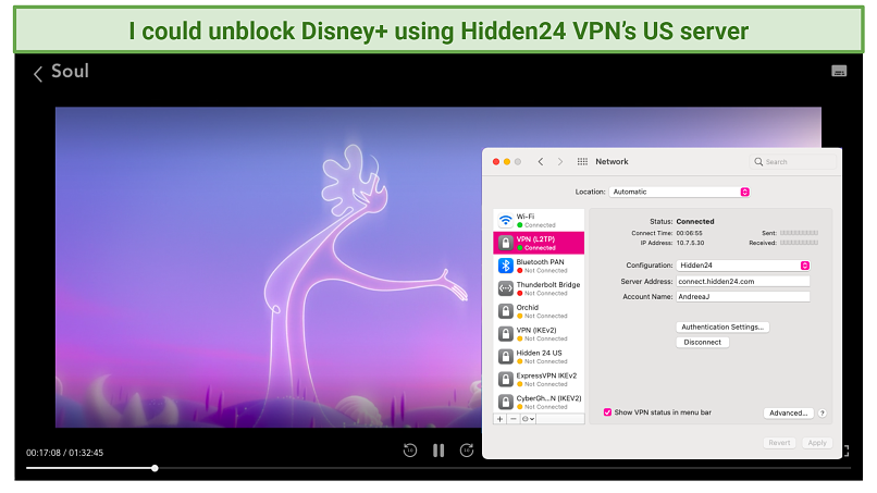 screenshot of Disney+ player streaming Soul unblocked with Hidden24 VPN