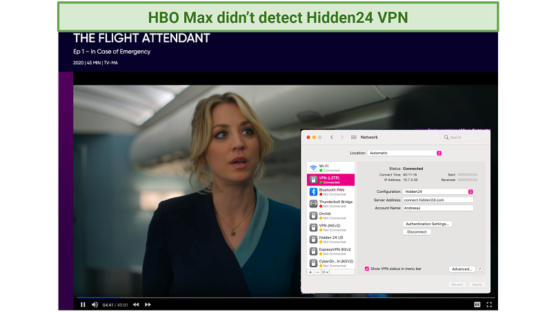 screenshot of HBO Max player streaming the Flight Attendant unblocked by Hidden24 VPN