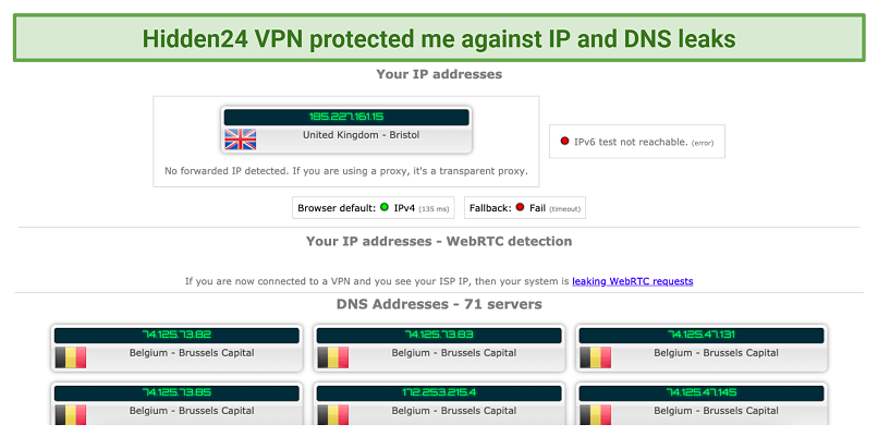 screenshot of Hidden24 VPN's IP and DNS leak test