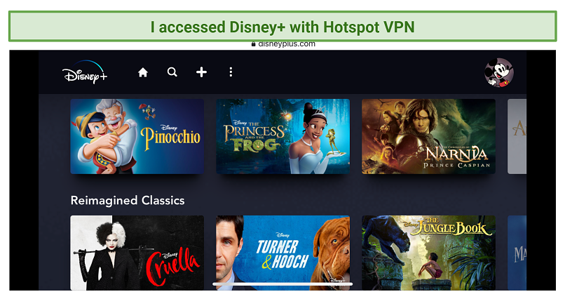 A screenshot of the Disney+ library being accessed using Hotspot VPN