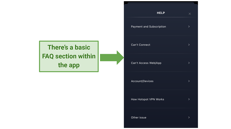 screenshot of HotspotVPN's help section within the iOS app