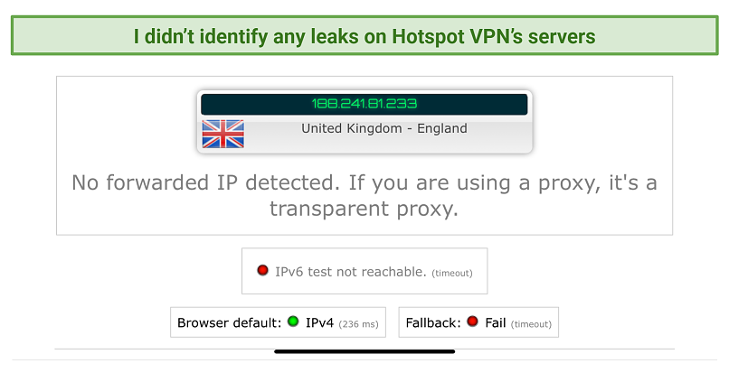 A screengrab of Hotspot VPN's DNS leak test
