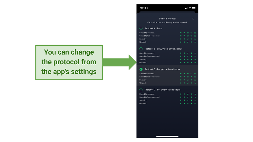 screenshot of HotspotVPN's protocols within the iOS app