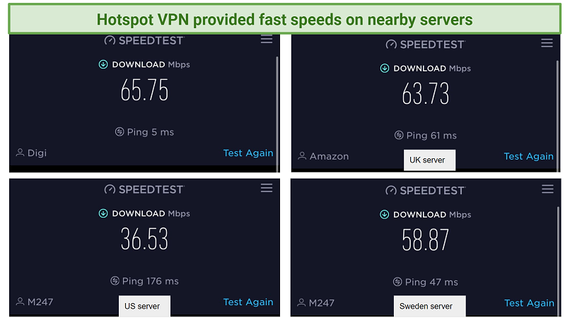 A screenshot of four speed tests conducted on different servers.