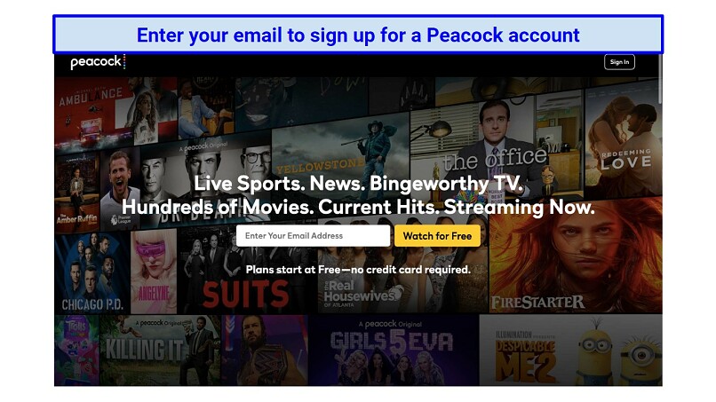 A screenshot of Peacock TV's signup page