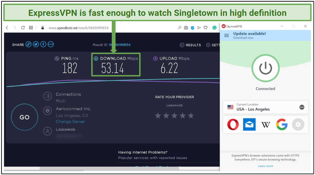 Screenshot showing ExpressVPN US speed test results