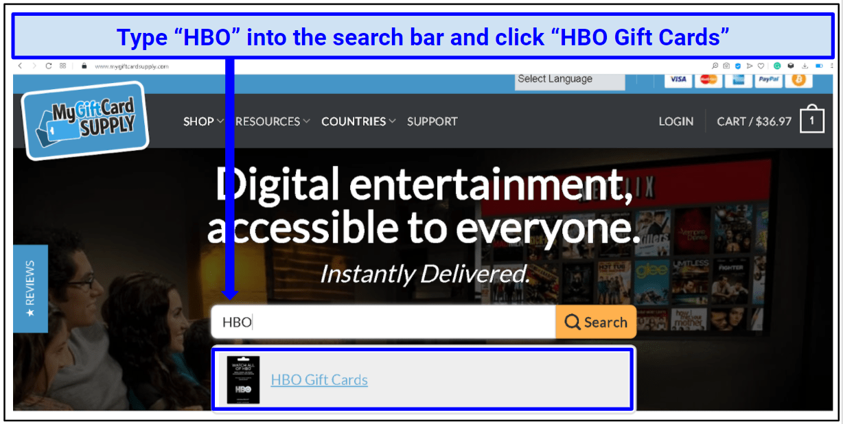 A screenshot of the MyGiftCardSupply.com search bar that displays HBO Gift Certificates.