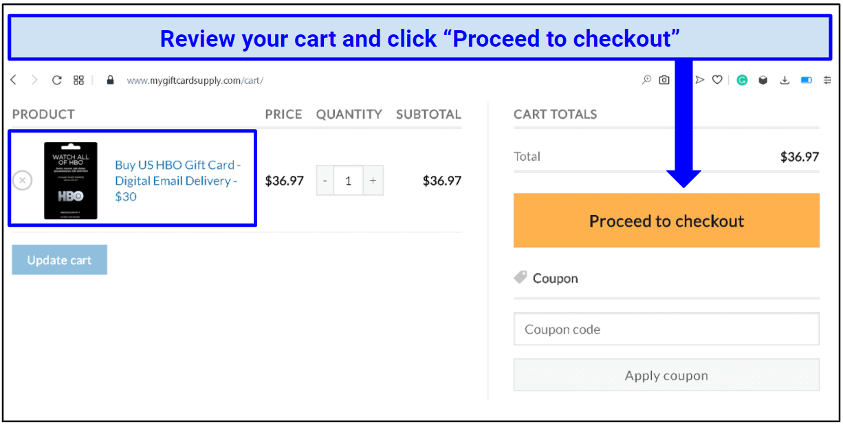A screenshot of the MyGiftCardSupply checkout process for purchasing a HBO gift card.