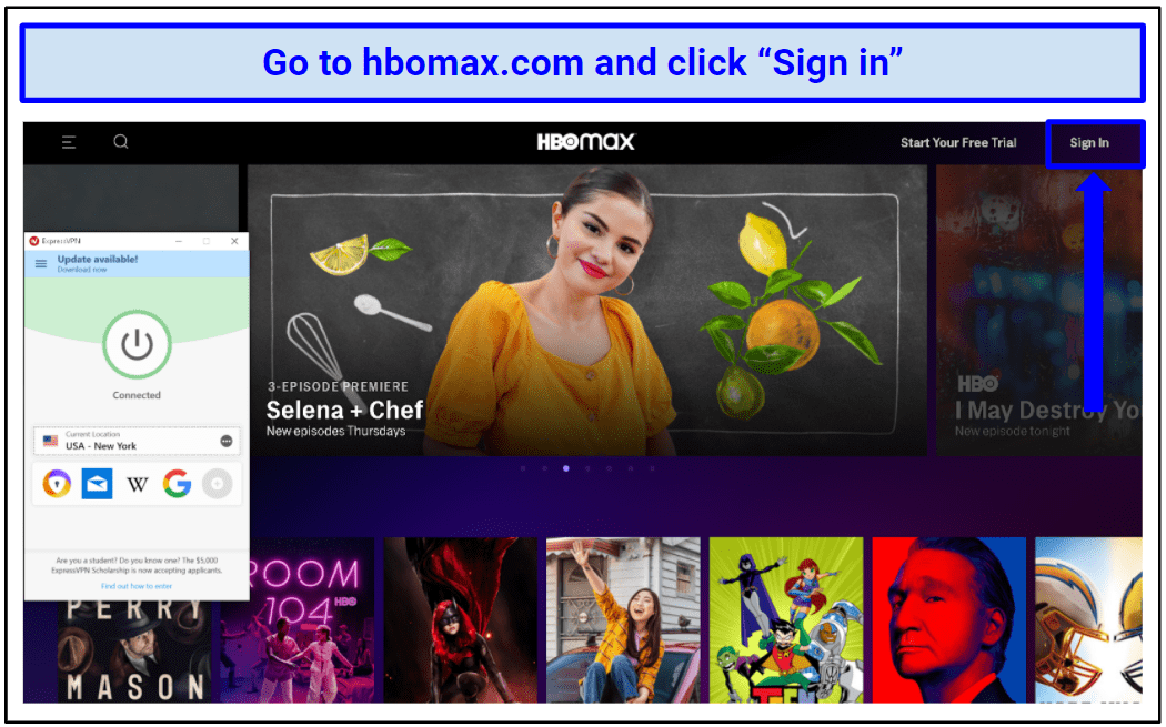 A screenshot of the HBO Max main page with the sign in button highlighted.