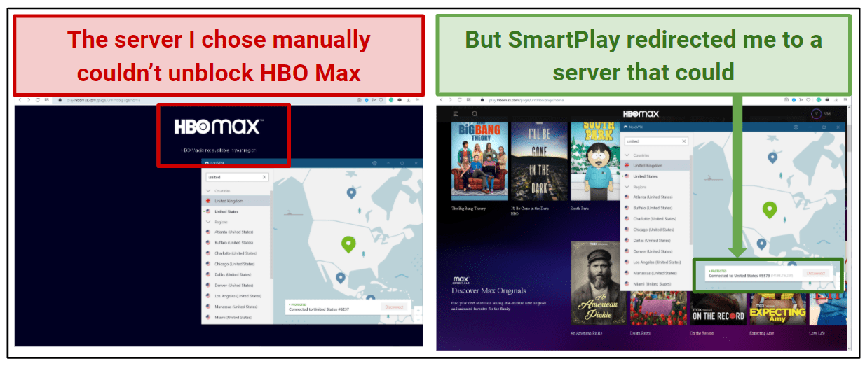 Screenshot showing NordVPN releasing HBO Max with Smart Play.