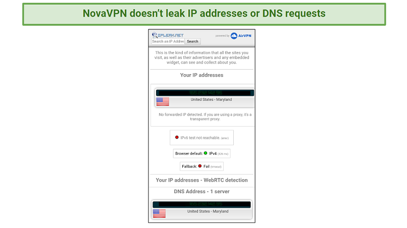 A screenshot of the IPLeak test performed on one of NovaVPN's US servers.