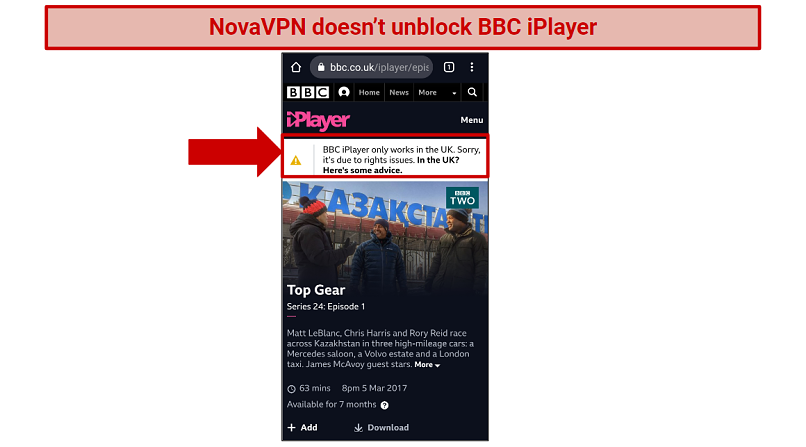 A screenshot showing BBC iPlayer blocked message.