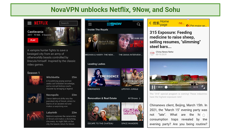 A screenshot of the various streaming services NovaVPN is able to unblock.