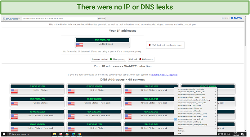 Graphique ne montrant pas de DNS ou de fuites IP à l'aide d'OpenVPN