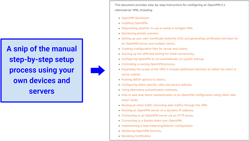 Screenshot of the manual setup process for OpenVPN using your own server network