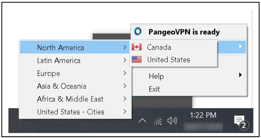 A screenshot showing where the Pangeo app sits in your system tray.