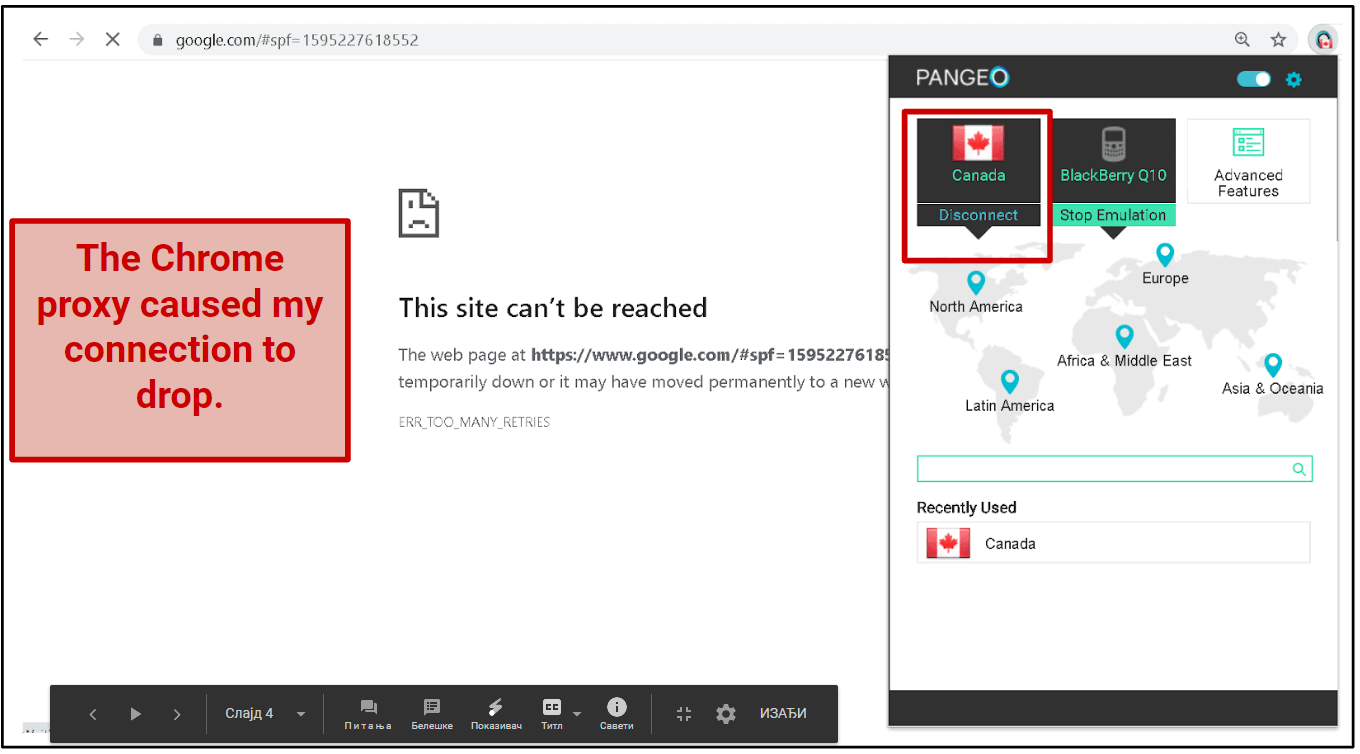 A screenshot that shows Pangeo's Chrome proxy blocked my internet connection.
