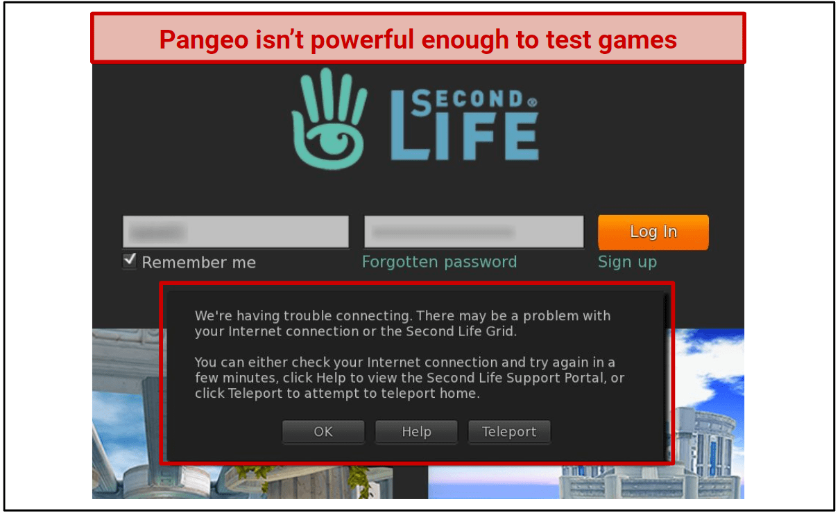 A screenshot of the online Game Second Life with an error code showing it is unable to connect while using Pangeo's US server